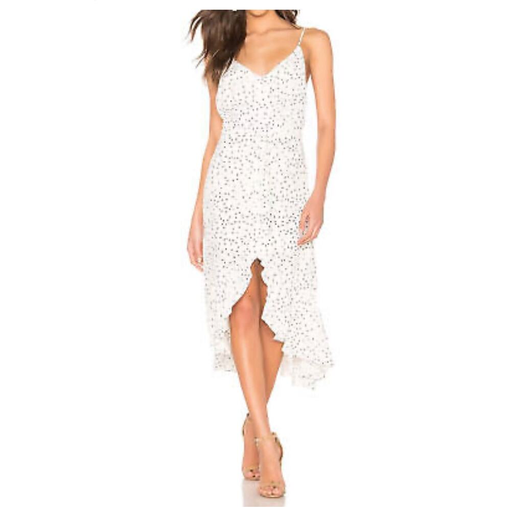 Rails Frida Speckled Dot High-Low Midi Slip Dress, Womens M, White/Black Ruffles
